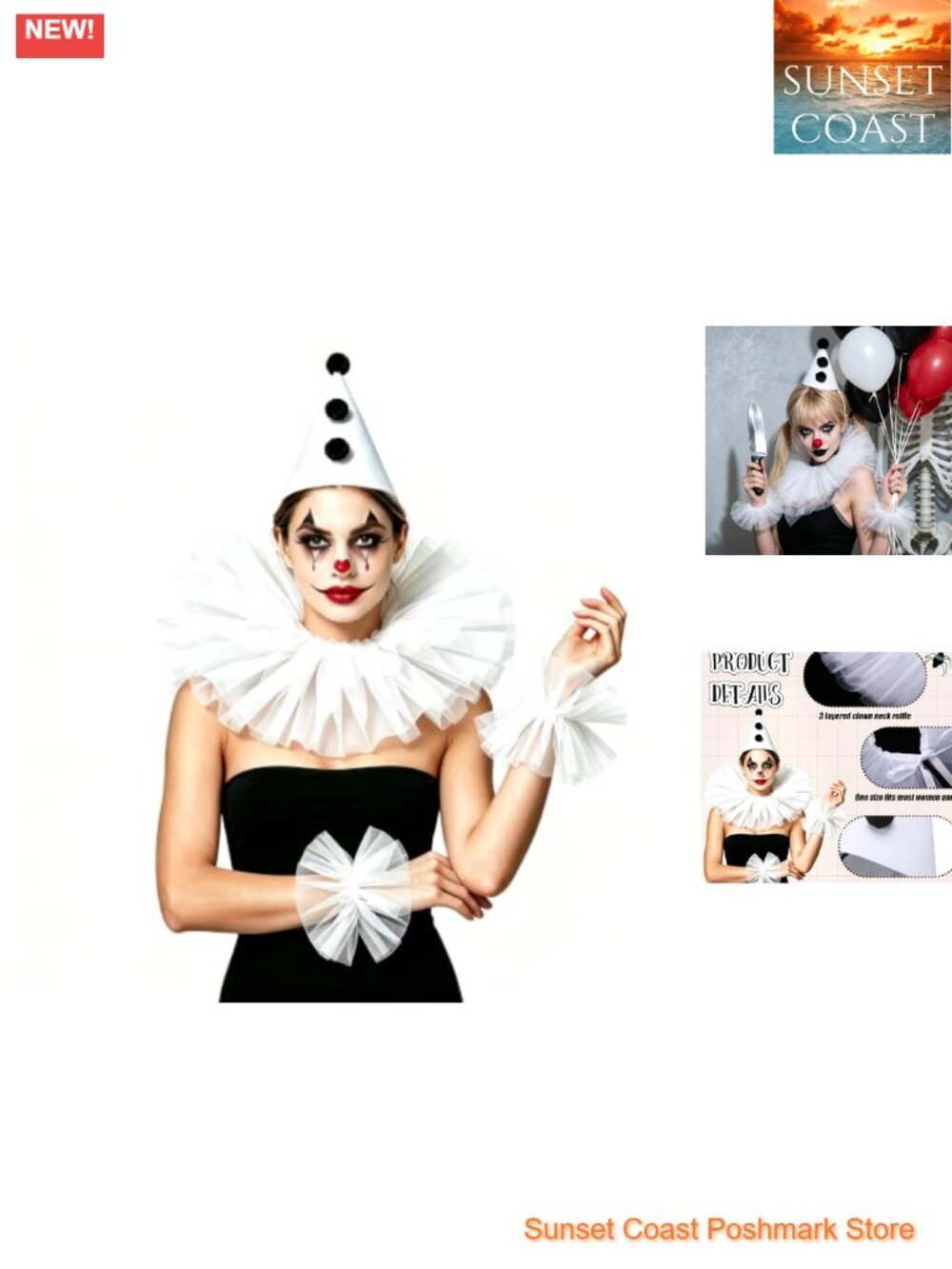 4PC Clown Hat Ruffle Collar Wrist Cuffs Halloween Accessory Set